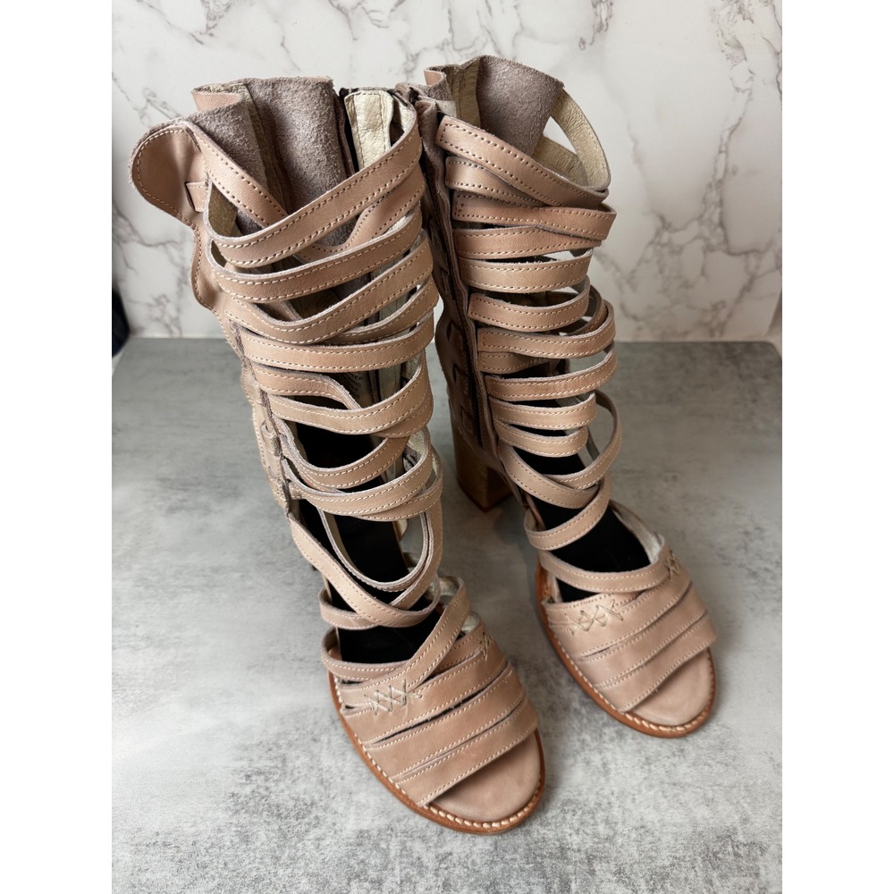 Freebird Makayla Womens 8 Tan Leather Gladiator Cage Boots Block Heel Strap Boho